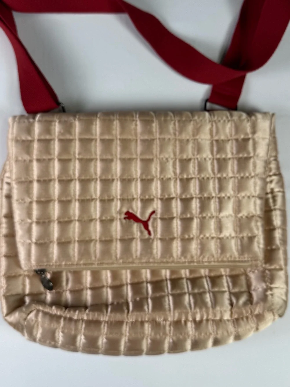 Vintage Puma Quilted Crossbody Bag in Champagne with Red Strap- Classic Puma